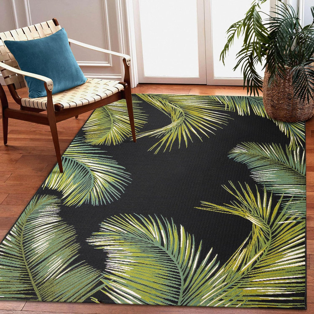 Liora Manne Marina Indoor/Outdoor Power Loomed Synthetic Blend Low Profile Area Rug - Transitional Border Botanical Beach Colorful (Palm Border Black) (6'6" x 9'4")
