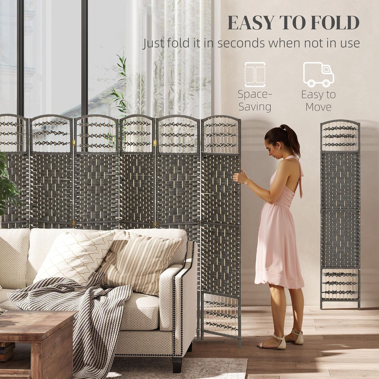 HOMCOM 6 Panel Room Divider, Folding Privacy Screen, 5.6' Room Separator, Wave Fiber Freestanding Partition Wall Divider, Dark Gray