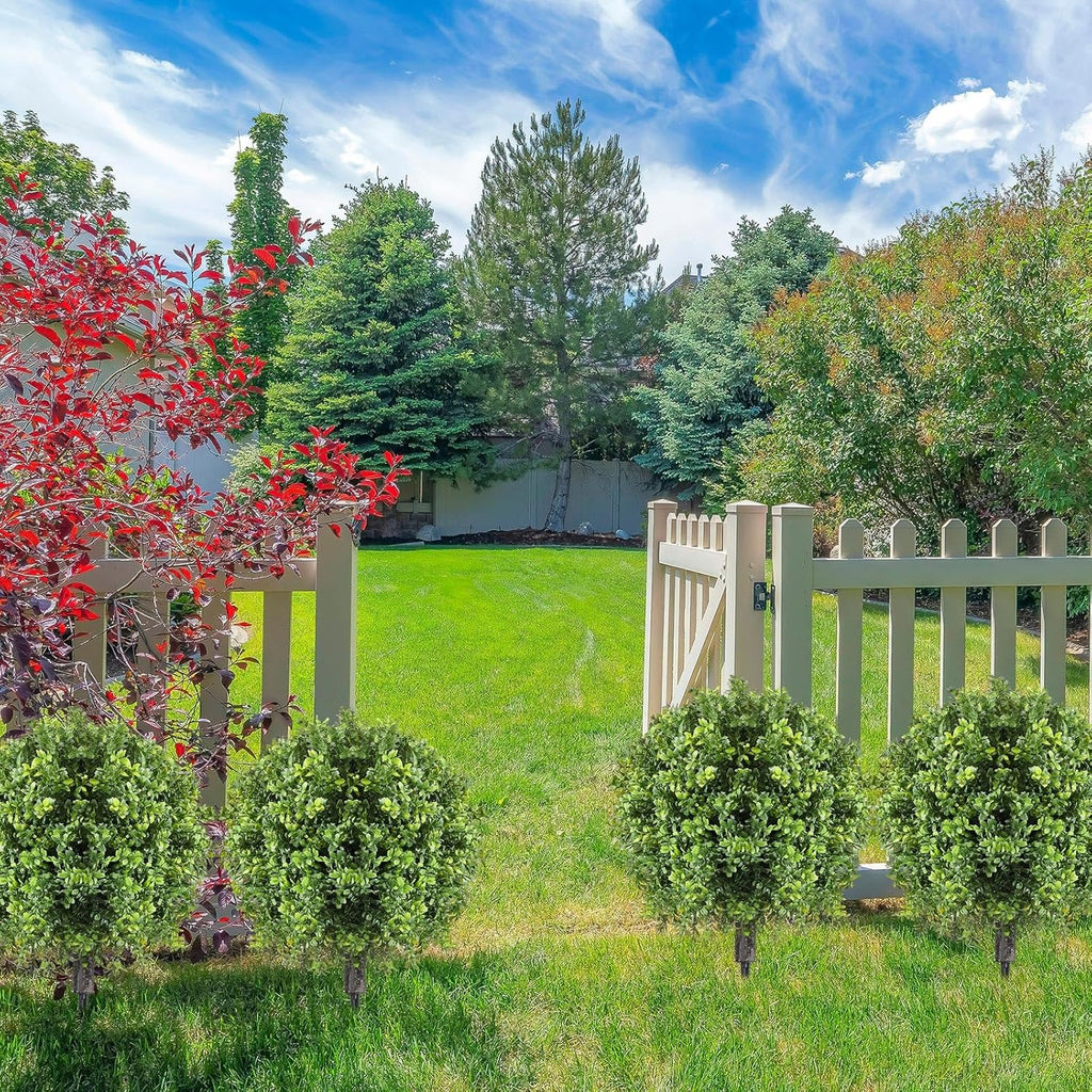 4 Pcs Artificial Boxwood Topiary Ball Bush 26" Tree UV Resistant with Spike Easy to Push in The Ground Fake Boxwood Plants Faux Greenery Shrubs for Indoor Outdoor Home Garden (Light Green)
