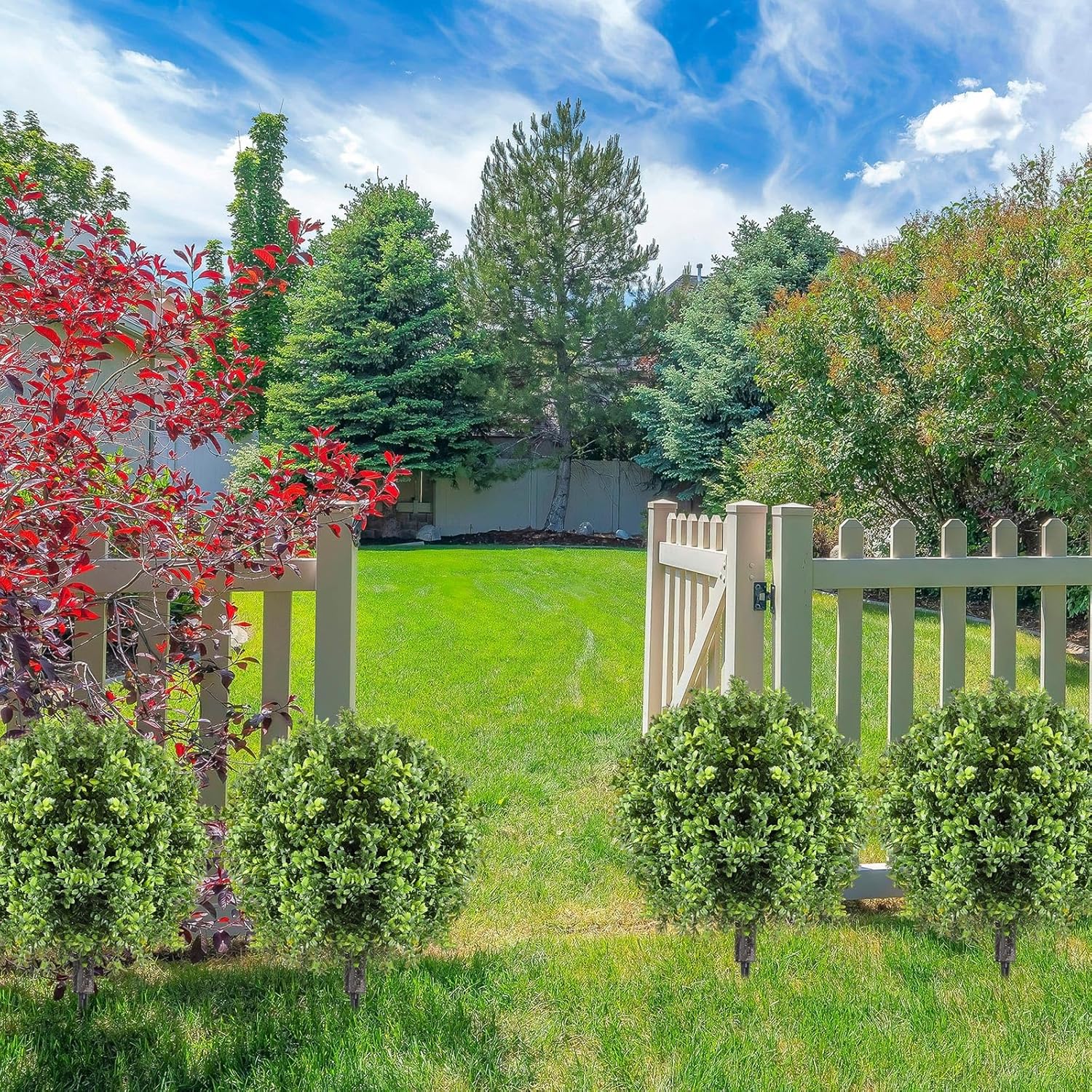 4 Pcs Artificial Boxwood Topiary Ball Bush 26" Tree UV Resistant with Spike Easy to Push in The Ground Fake Boxwood Plants Faux Greenery Shrubs for Indoor Outdoor Home Garden (Light Green)