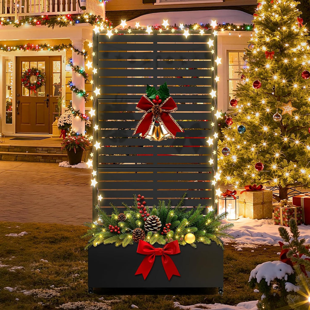 FENCY Dual Planter Boxes Metal Raised Garden Bed with Wheels and Trellis, 73"x35"x24" Privacy Screen for Vegetables, Vines & Flowers, Includes Drainage Holes