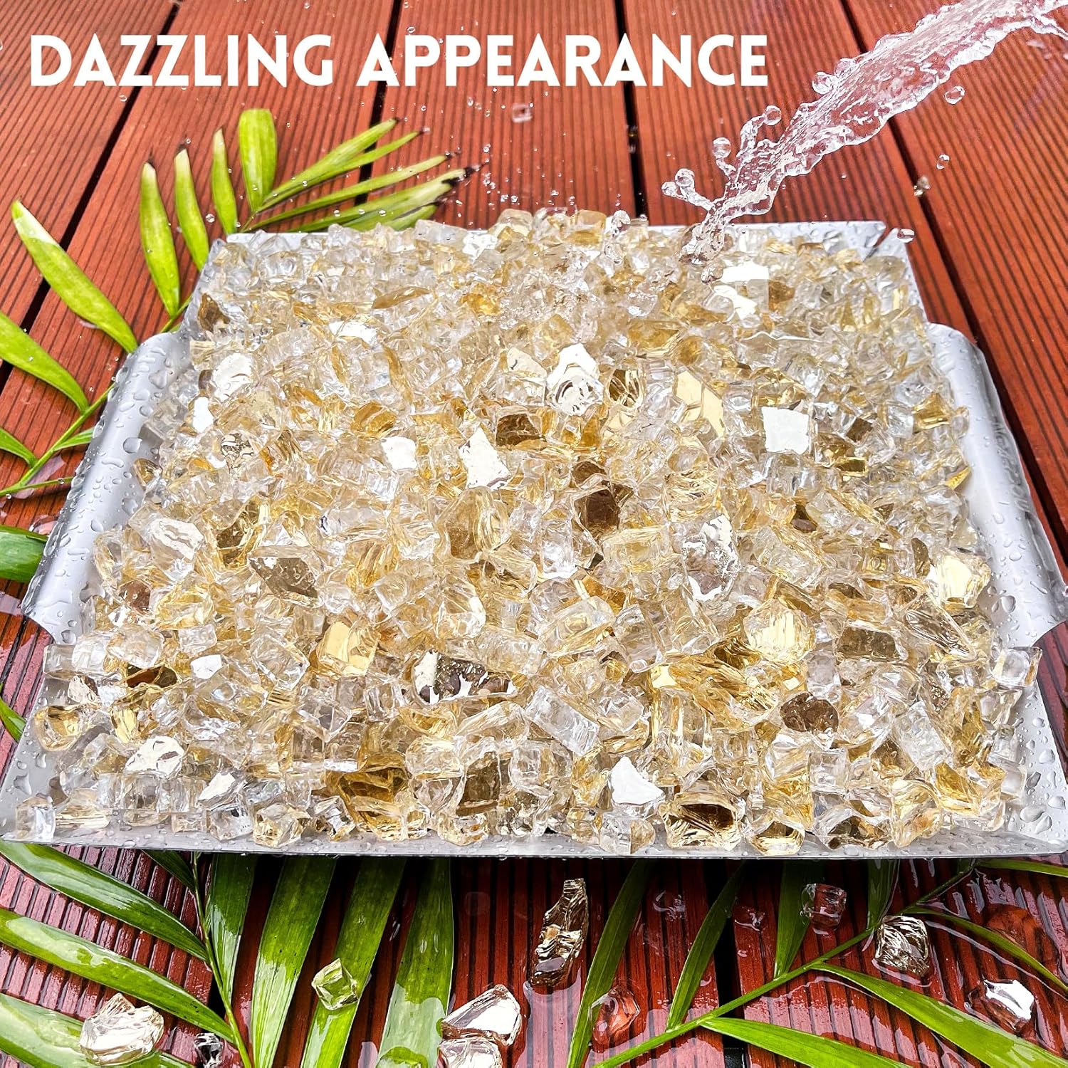 GasSaf 1/2 Inch Fire Glass Reflective Tempered Fireglass Cut Crushed FireGlass for Fire Pit, Fireplace, Replaces Existing Gas Logs & Lava Rocks (10 Pound)(Gold Reflective)