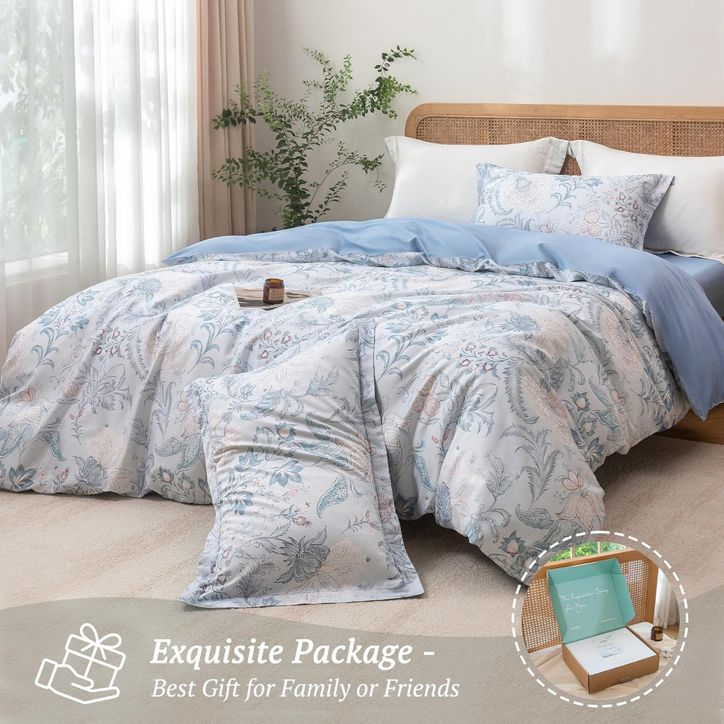 MILDLY Twin Size Duvet Cover Set 100% Long-Staple Cotton Luxury Paisley Floral Patten Reversible Comforter Cover Set 2Pcs