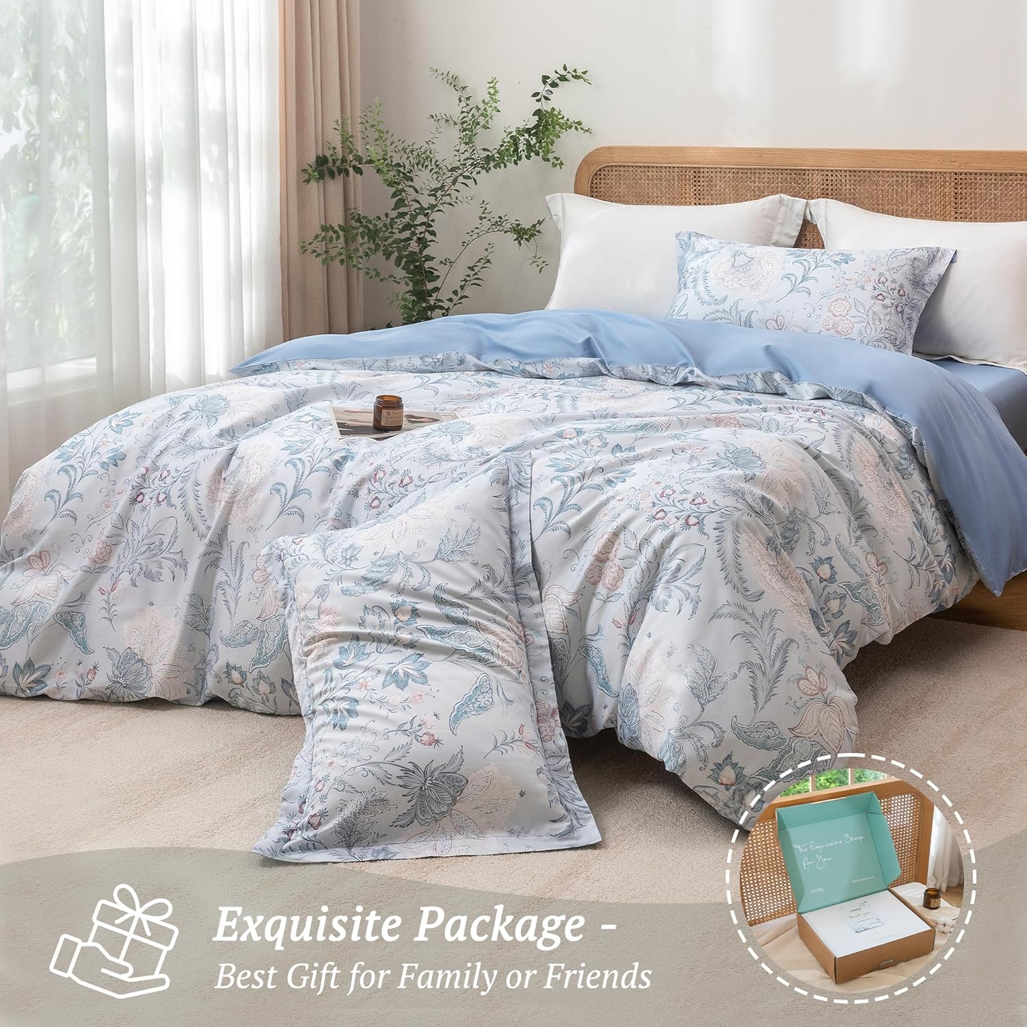MILDLY Twin Size Duvet Cover Set 100% Long-Staple Cotton Luxury Paisley Floral Patten Reversible Comforter Cover Set 2Pcs