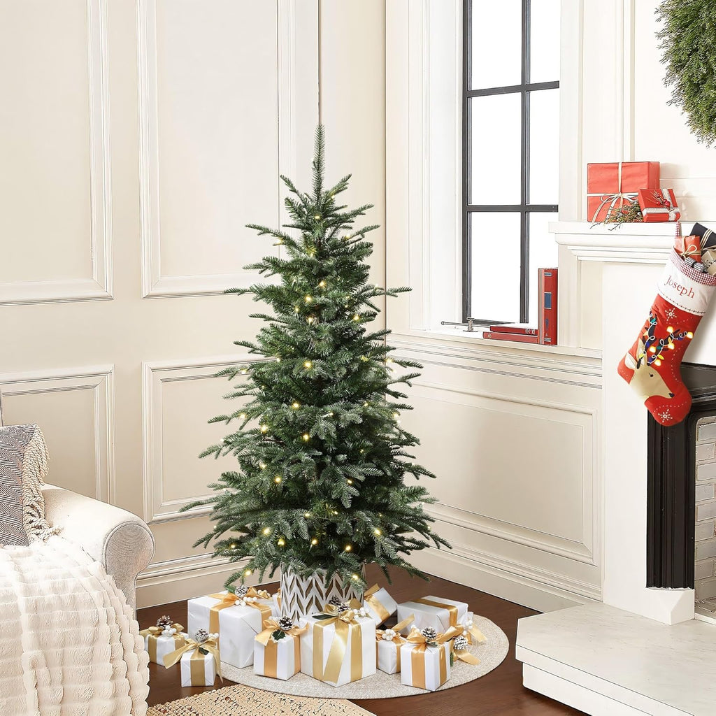 LuxenHome 4.5FT Small Christmas Tree, Prelit Slim Potted Christmas Trees with 100 Warm White LED Lights, Lighted Slender Fir Tree with Planter Pot, Small Faux Holiday Tree for Home Display