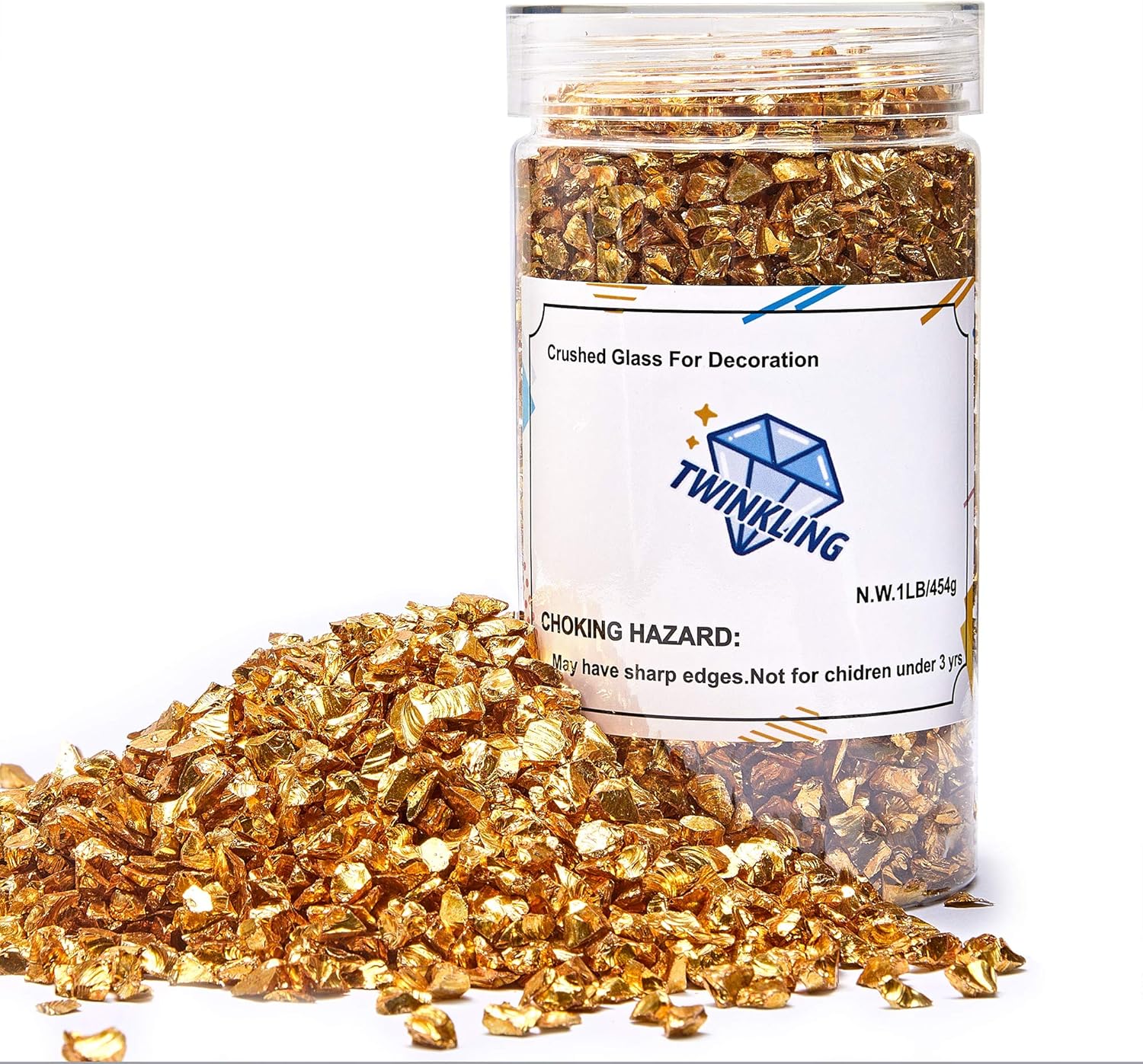 TWINKLING High Luster Fire Glass Gravel Stone Glitter,Broken Glass,Fire Gems Chips,Crushed Glass for Fire Pit Crafts Resin Art Aquarium Garden Decoration,3-6mm,1-Pound Jar (Gold)