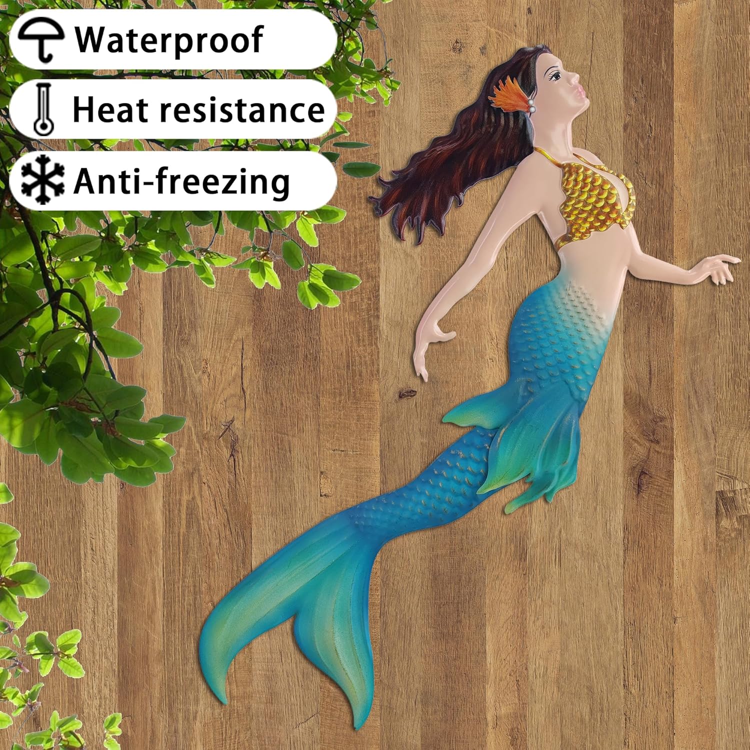 John's Studio Metal Mermaid Sea Wall Decor Outdoor Garden Hanging Art Sculptures Home Ocean Theme Decorations for Kitchen Bathroom and Pool - 14.9Inches
