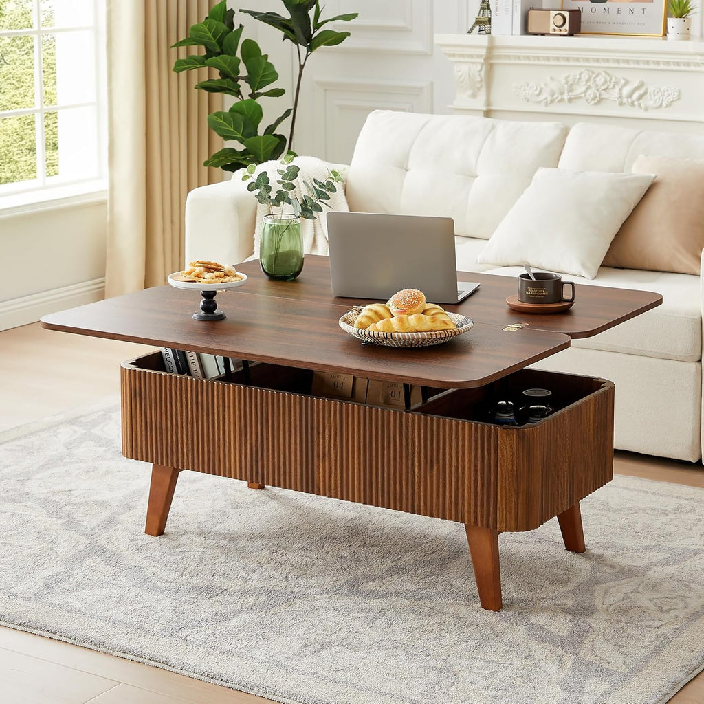 3 in 1 Lift Top Coffee Table, Fluted Convertible Coffee Tables Converts to Dining Tables, Modern Oval Wooden Center Table with Storage for Living Room Office Small Space, Partial Assembly (Walnut)