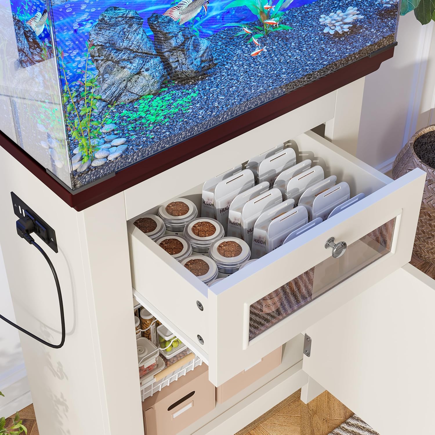 10-15 Gallon Fish Tank Stand with Power Outlets, 198LBS Farmhouse Wood Aquarium Stand Furniture with Storage Cabinet and Drawer, Reptile Turtle Tank, Beige Brown