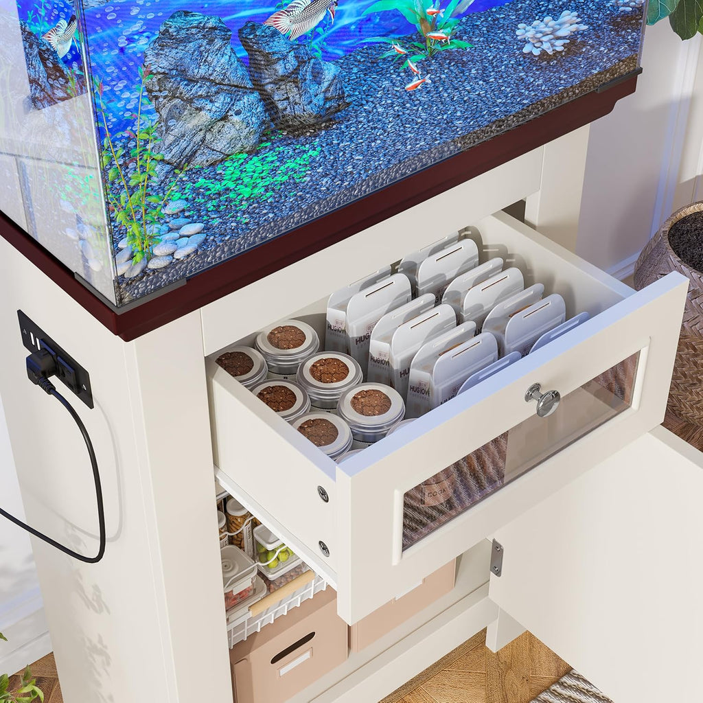 10-15 Gallon Fish Tank Stand, Aquarium Stand with Power Outlets, 198LBS Capacity, Fish Tank Table with Storage Cabinet and Drawer, Aquarium Table for Reptile Terrarium Stand (Beige&Brown)