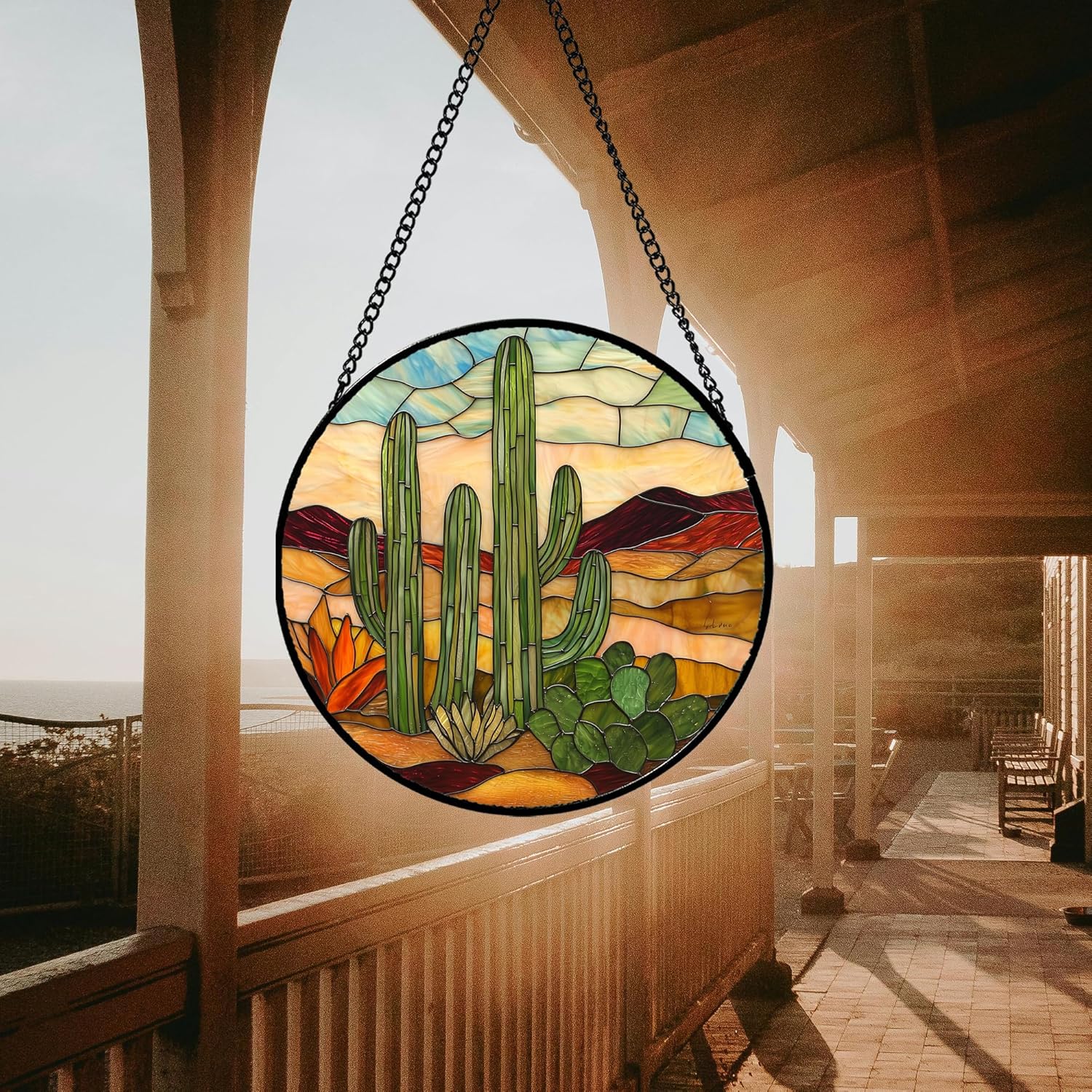 Stained Glass Window Hanging, Green Cactus Sun Catcher for Door Terrace Garden Home Decor, Abstract Desert Landscape Suncatcher Birthday Gifts for Lovers Women Men Dad Mom Nana 15 in