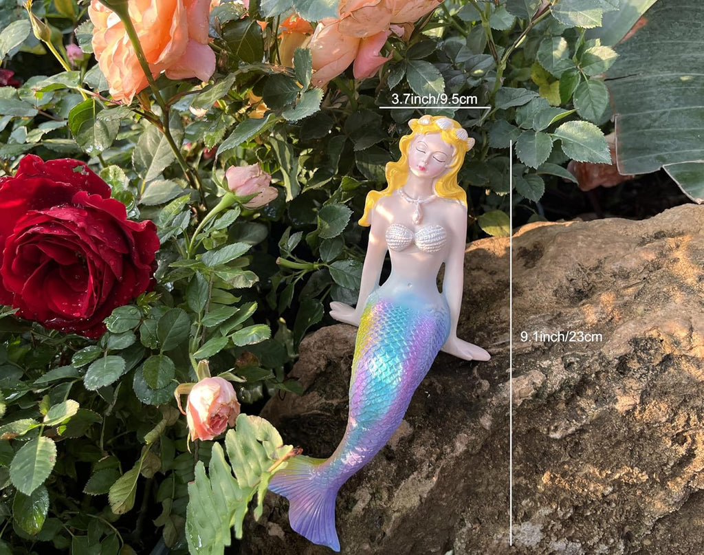 Sitting Mermaid Resin Siren Figurines for Fairy Garden Flower Pot Yard Aquarium Fishtank Bookshelf Home Decor 9Inch (Sitting Mermaid)
