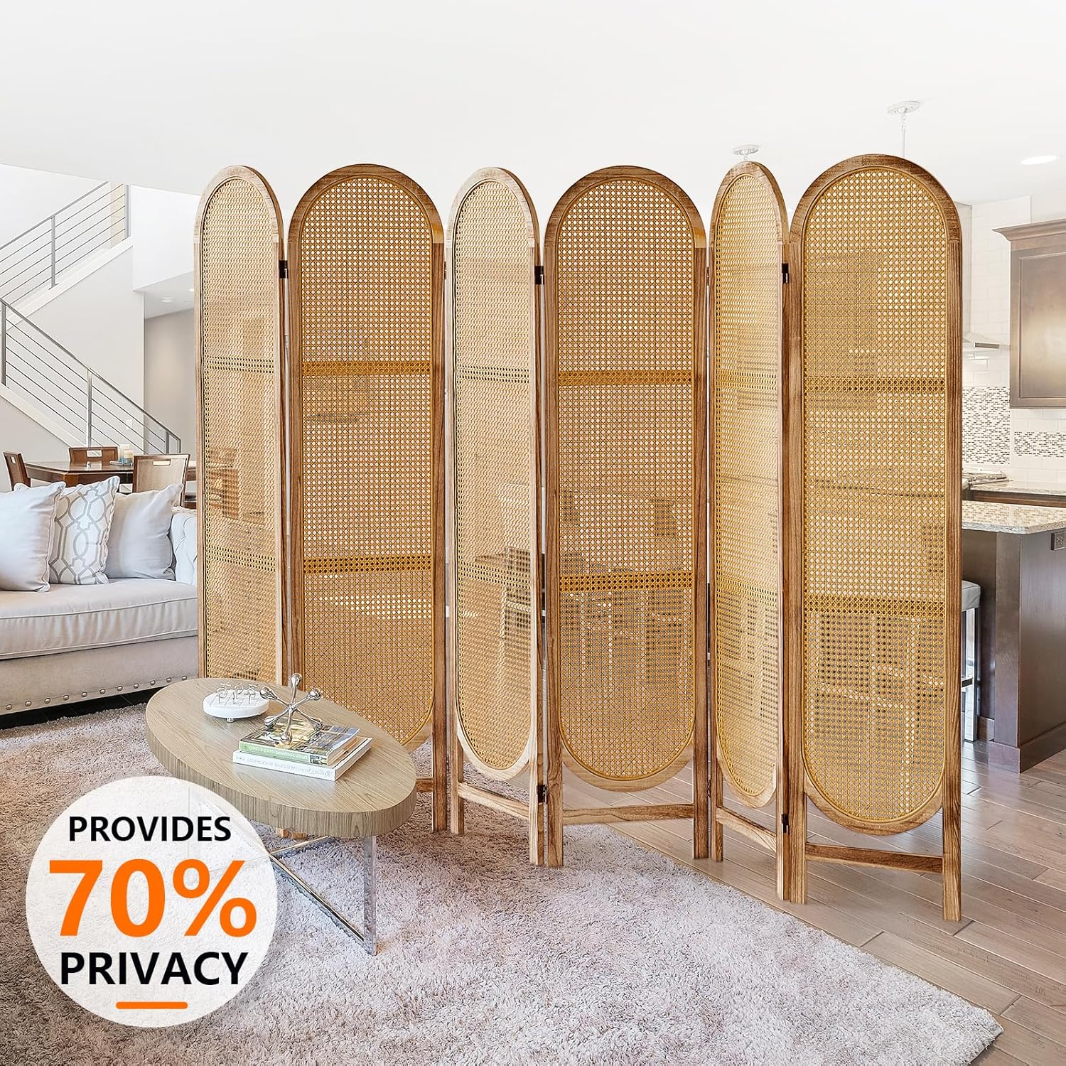 6 Panels Room Divider, Foldable Wooden Room Divider, Individual Privacy Screen Made of Hand-Woven Rattan, Portable Wall Divider for Home Office Bedroom Bathroom Dressing Room (Natural)