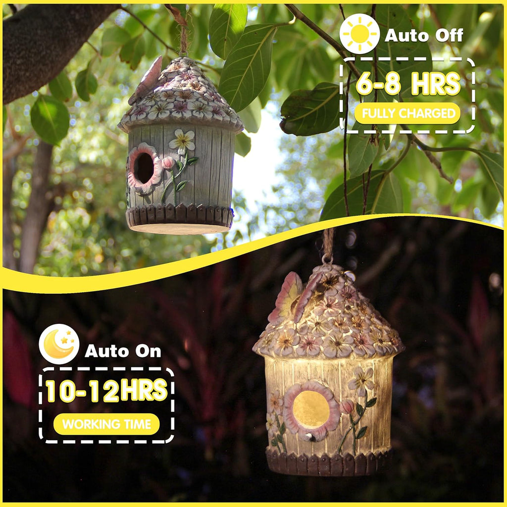 Hanging Bird House for Outdoor with Solar Light, Nesting Box Garden Resin Decor, Pet Cottage Birdhouse with Pole Decoration for Small Hummingbird Blue Bird Sparrow Chickadee