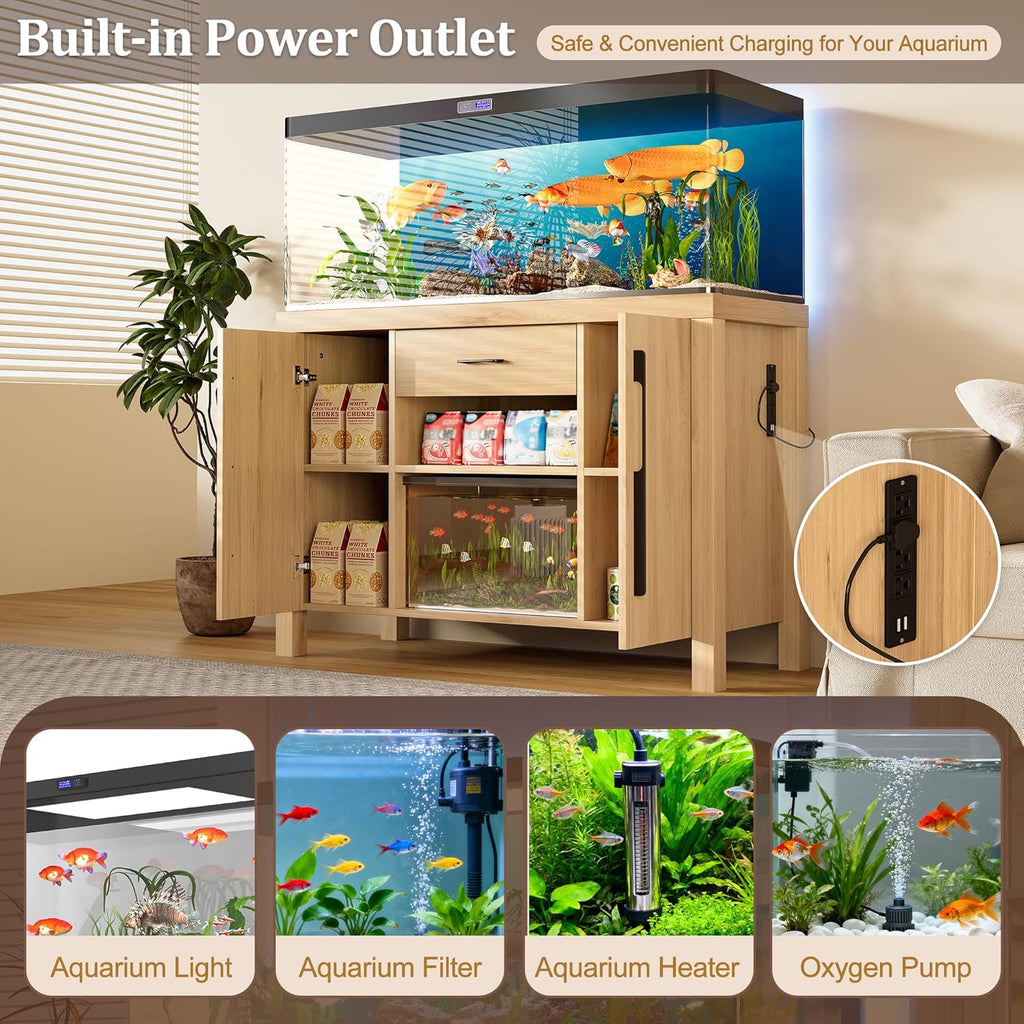 55–75 Gallon Fish Tank Stand with Cabinet Storage and Power Outlets (4 AC 2 USB), Natural Wood Aquarium Cabinet with Drawer & Shelves, MDF + Pine Frame, 880LBS Capacity