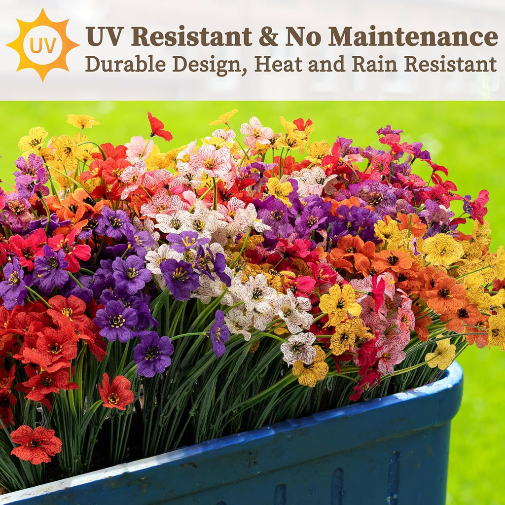 24 Bundles Artificial Flowers for Outdoors/Indoors, Fake Flowers Plants for Indoor Outside Garden Porch Window Box Home Wedding Farmhouse(8 Color)