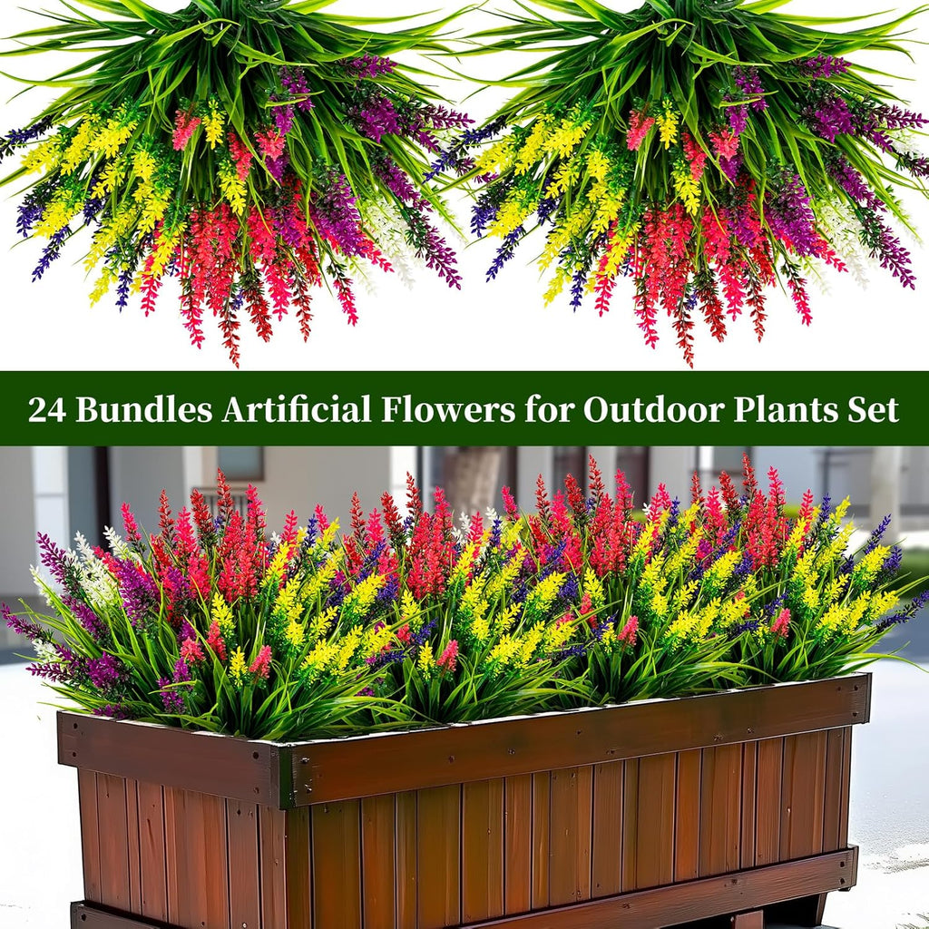 Artificial Flowers for Outdoor Plants 24 Bundles Fake Lavender Plastic Faux Monkey Grass for Verandah Window Garden Office Patio Front Porch UV Resistant for Planter(6 Color)