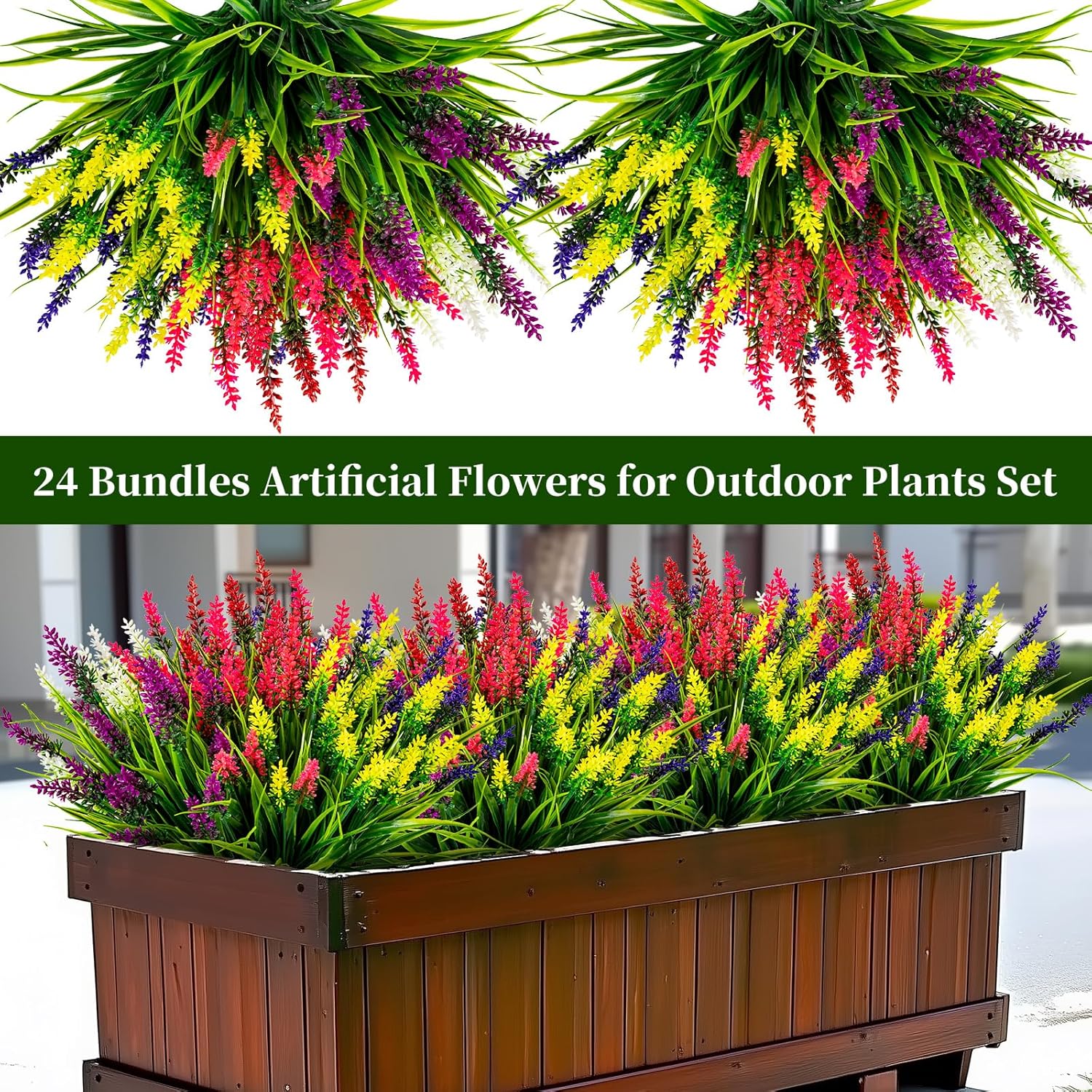 Artificial Flowers for Outdoor Plants 24 Bundles Fake Lavender Plastic Faux Monkey Grass for Verandah Window Garden Office Patio Front Porch UV Resistant for Planter(6 Color)