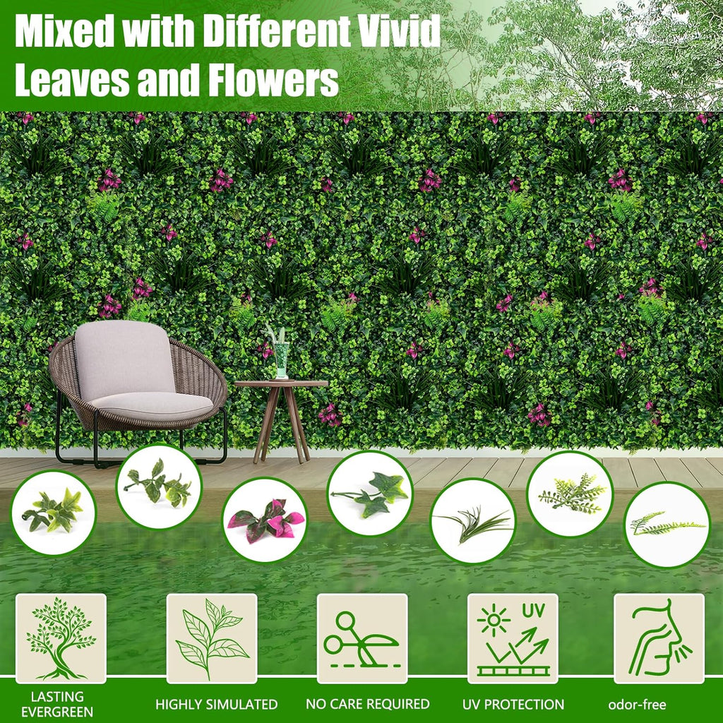 Artificial Grass Wall Panels, 20"x20" 12pcs Greenery Backdrop with Mint Plant Leaves, UV-Anti Fake Greenery Plant Boxwood Panels for Privacy Fence Screen, Outdoor Green Wall Decor for Patio Garden