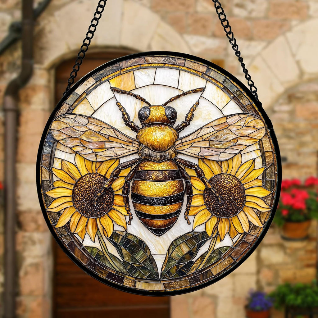 Stained Glass Window Hanging - Bee Sunflower Yellow Suncatcher Ready to Hang Window Doors Home Decoration and Christmas, Mother's Day Birthday Gifts for Women, Men, and Mom 11.8x11.8 in