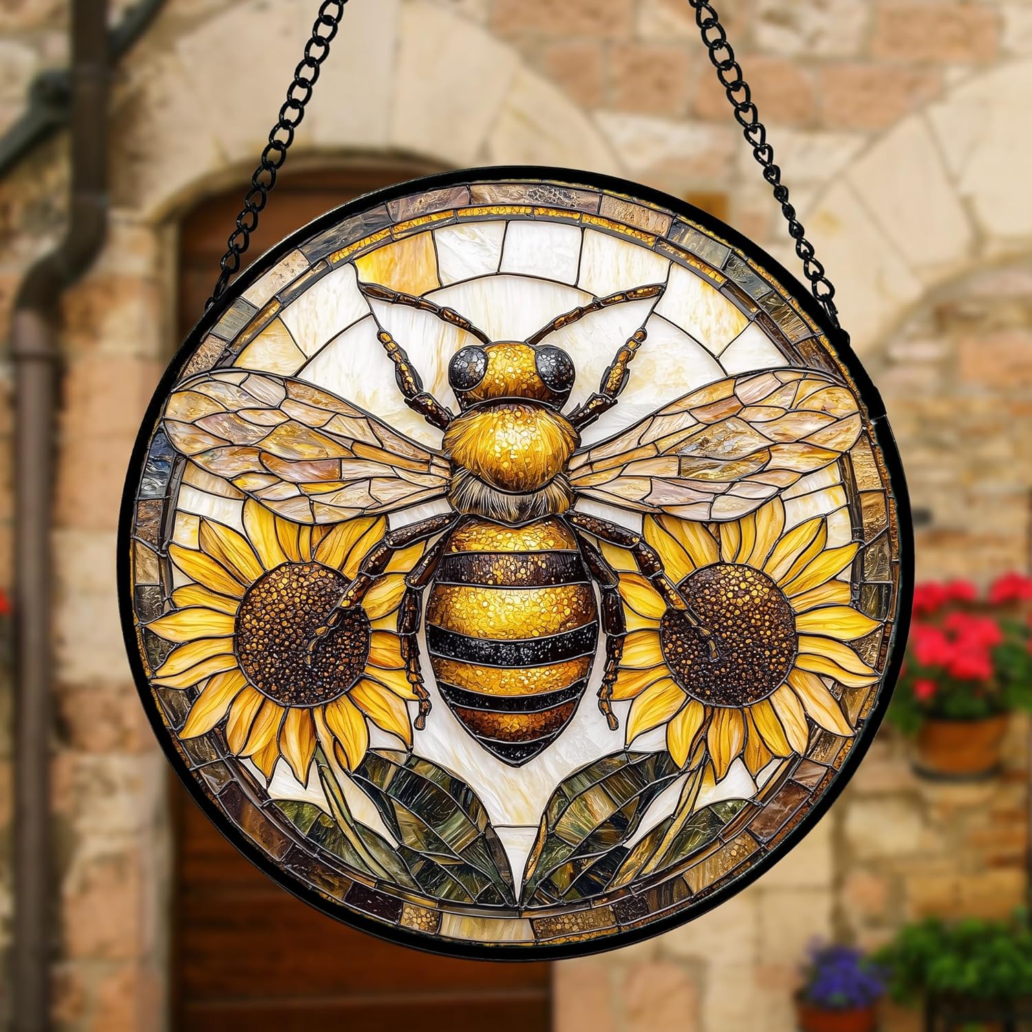 Stained Glass Window Hanging - Bee Sunflower Yellow Suncatcher Ready to Hang Window Doors Home Decoration and Christmas, Mother's Day Birthday Gifts for Women, Men, and Mom 11.8x11.8 in