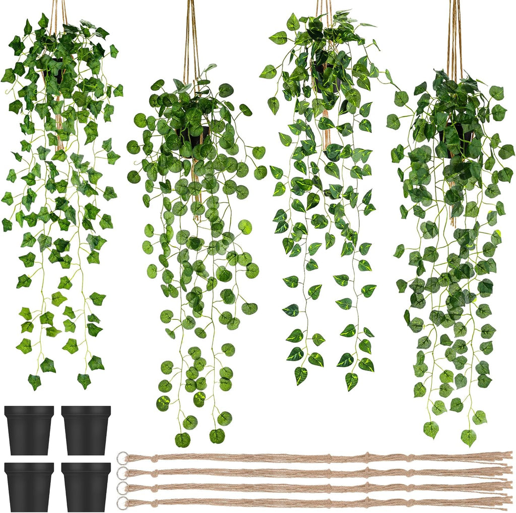 Folmywy 4 Pack Artificial Hanging Plants Vines with Pot Fake Vine Potted Plant Mixed Greenery Leaves Plant Theme Classroom Decoration for Indoor Outdoor Living Room Office Shelf