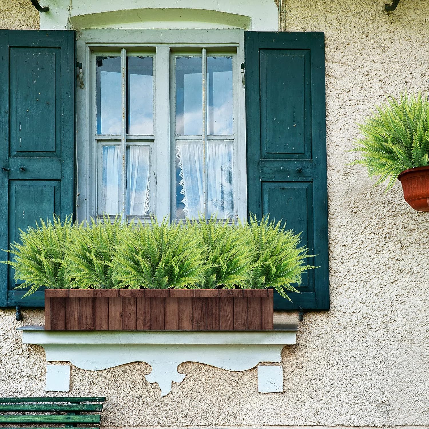 12 Bundles Artificial Plants, Fake Boston Fern Greenery Outdoor UV Resistant No Fade Faux Plastic Plants Garden Porch Window Box Decorating…