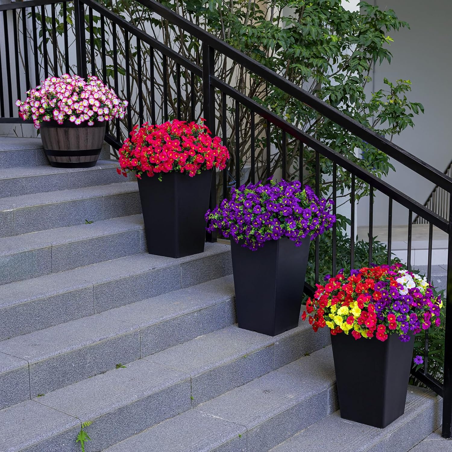 Artificial Faux Flowers for Outdoor 16 Bundles Boxwood Fake Morning Glory for Planter,UV Resistant Fake Flowers for Home Porch Patio Outside（Purple）