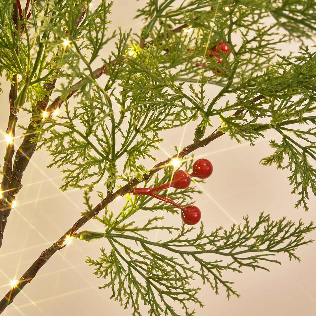 Hairui Lighted Christmas Pine Tree 90 LED Fairy Lights 4FT Plug in, Faux Cypress Tree Lights with Red Berry for Indoor Outdoor Home Holiday Decoration