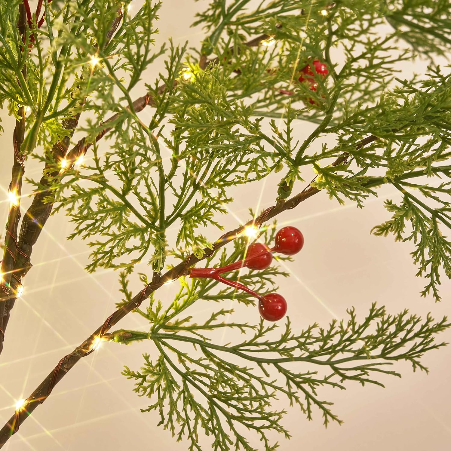 Hairui Lighted Christmas Pine Tree 90 LED Fairy Lights 4FT Plug in, Faux Cypress Tree Lights with Red Berry for Indoor Outdoor Home Holiday Decoration