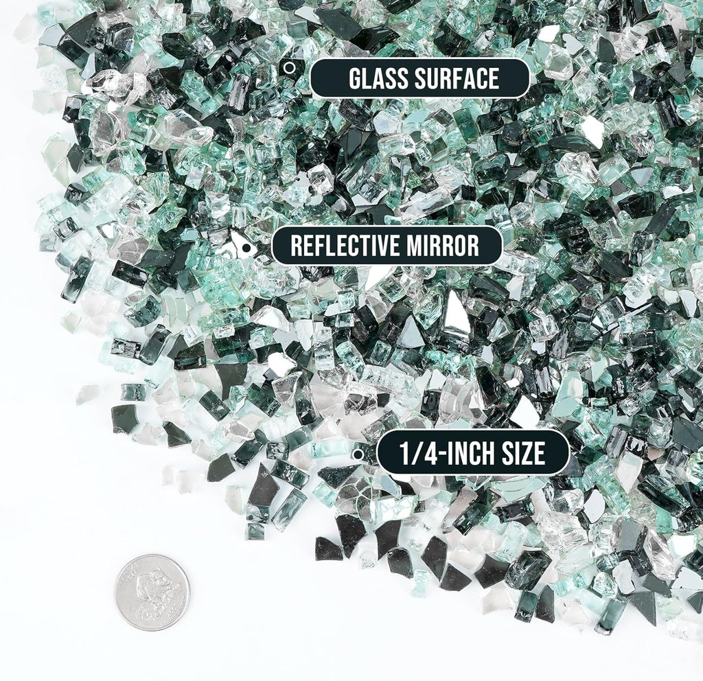 Skyflame 10-Pound Blended Fire Glass for Fire Pit Fireplace Landscaping - 1/4 Inch Reflective Tempered Fireglass Onyx Black, Platinum, Light Green