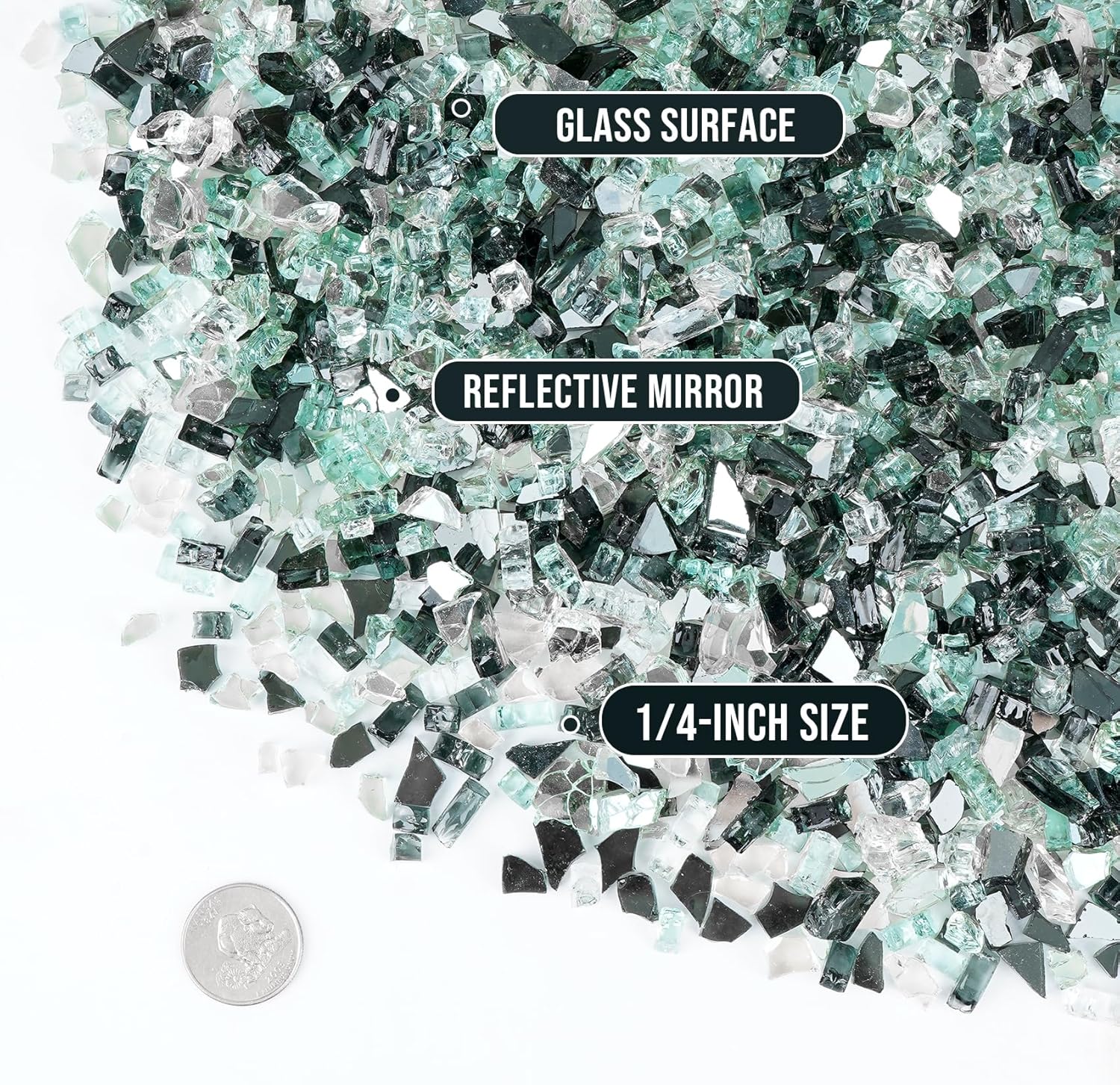 Skyflame 10-Pound Blended Fire Glass for Fire Pit Fireplace Landscaping - 1/4 Inch Reflective Tempered Fireglass Onyx Black, Platinum, Light Green