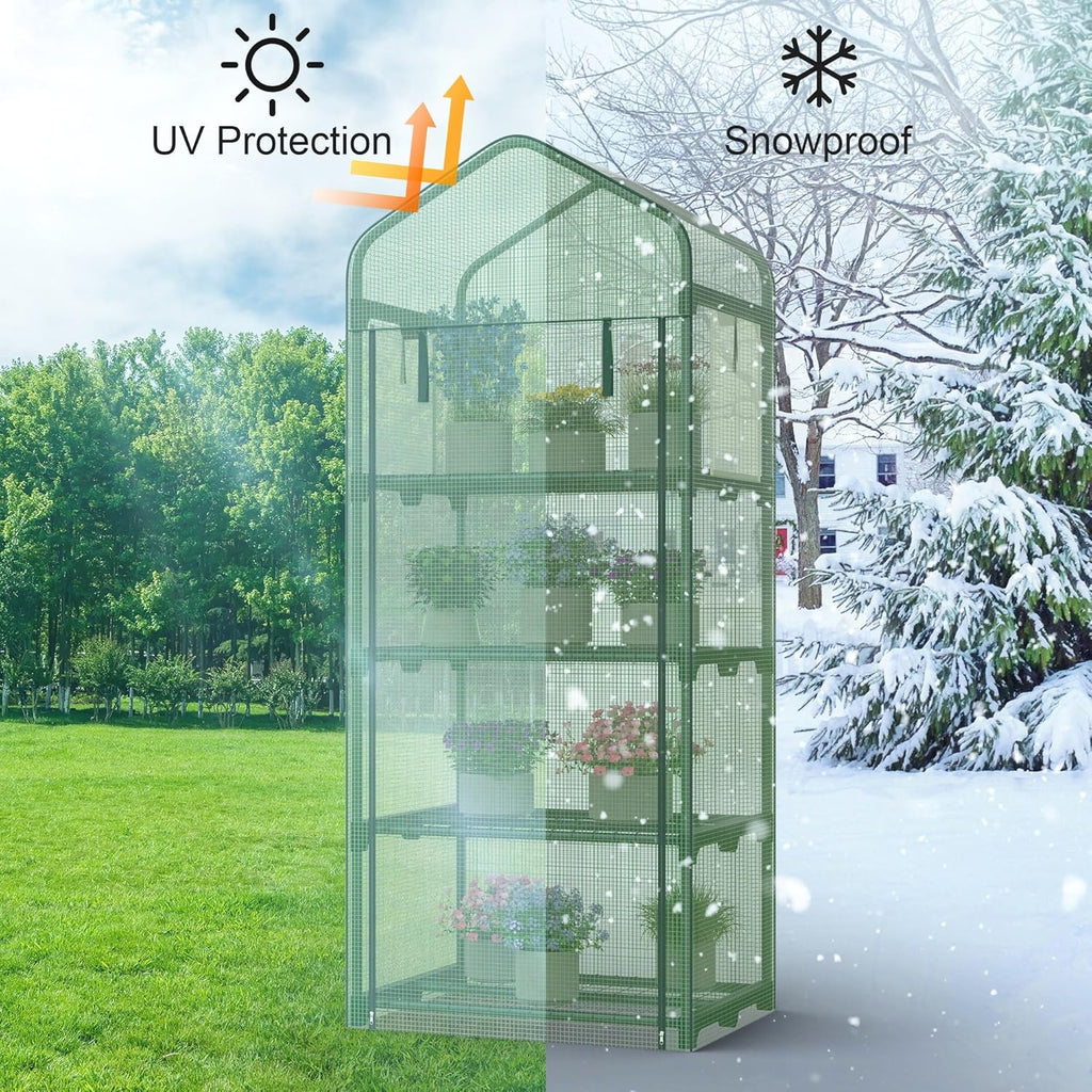 Mini Greenhouse 4-Tier Small Greenhouses for Outdoor Indoor 27"x19"x63" Portable Greenhouse w/ Screen Windows & Waterproof PE Cover Green House for Backyard Balcony Seedling Raising
