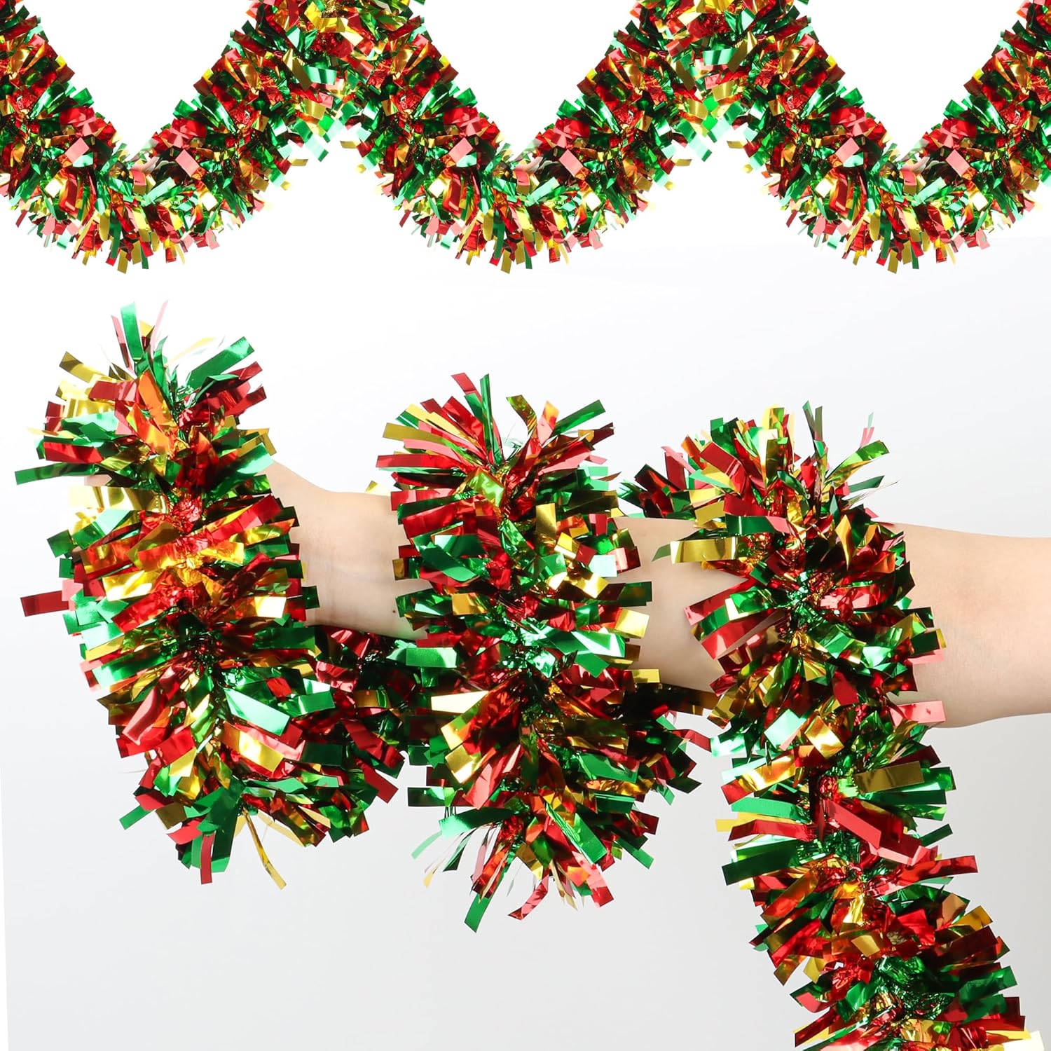 50 Feet Green Red Gold Christmas Tinsel Garland Metallic Twist Shiny Hanging Garland for Christmas Tree Decorations Xmas Holiday Decor for Home Indoor Outdoor Party Supplies (Green Red Gold)