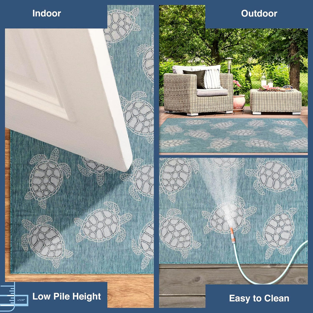 Liora Manne CARMEL Indoor/Outdoor Power Loomed Synthetic Blend Low Profile Area Rug - Transitional Coastal Turtle Decorative (Seaturtles Aqua) (7'10" Round)