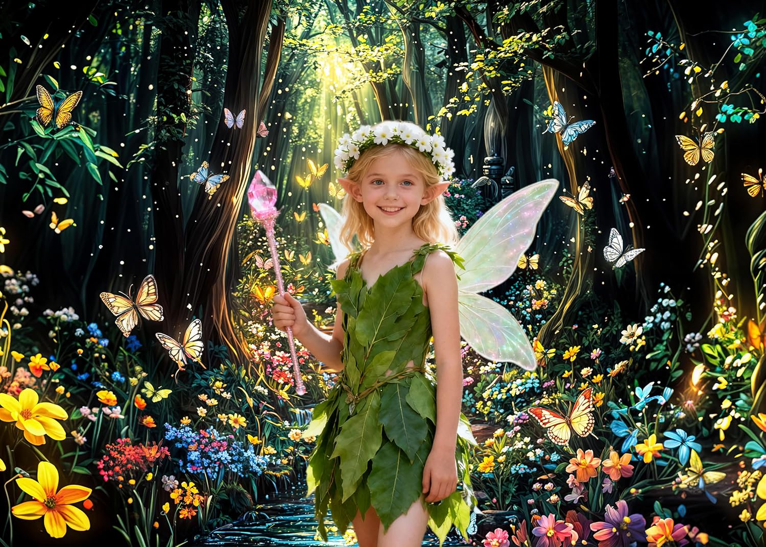 Fantasy Forest Path Backdrop Beautiful Wonderland Rainforest Floral Garden Butterfly Plant Photography Background Magic Garden Woodland Party Decorations Photo Shoot Booth Props 7X5