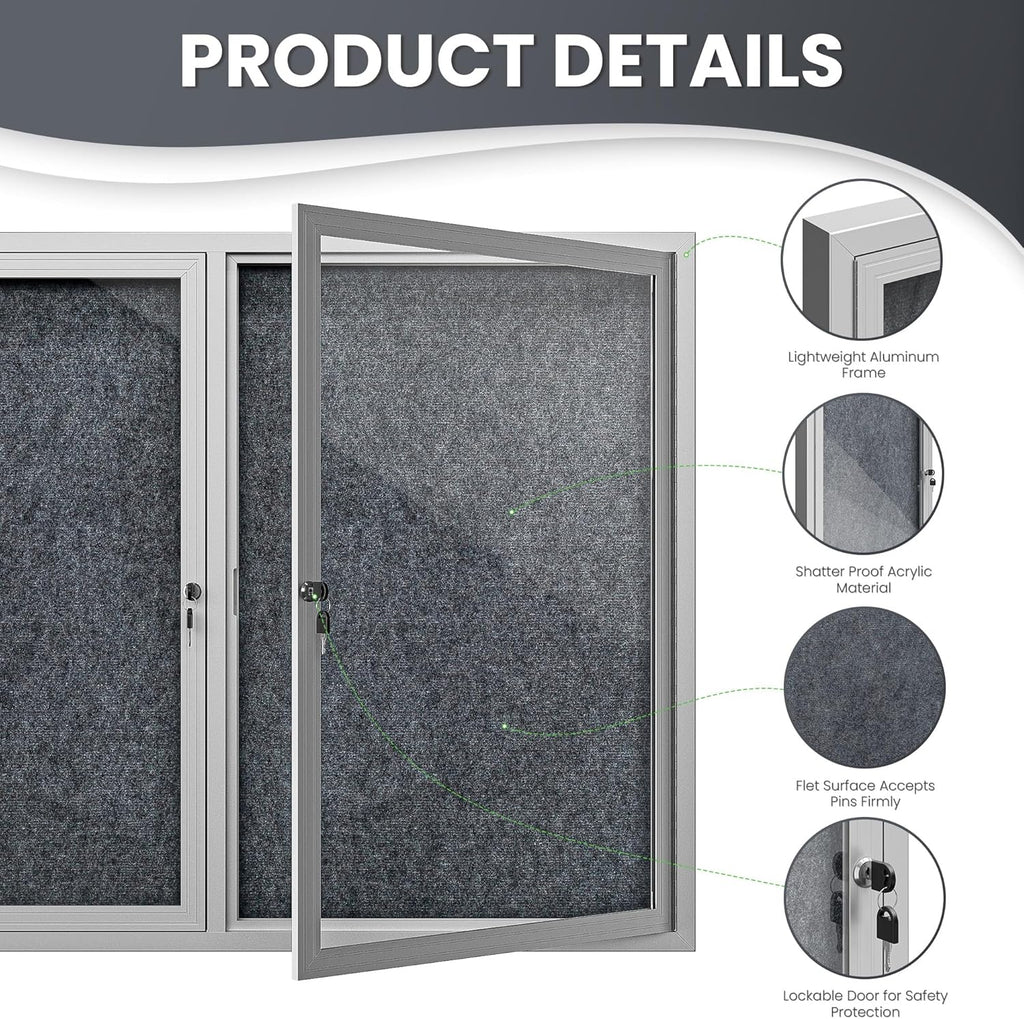 72"x36" Lockable Enclosed Bulletin Board, Outdoor Flet Weather-Resistant Aluminum Frame Notice Board, Wall Mounted Display Case Acrylic Doors for School,Office,Silver Frame w/Grey Flet