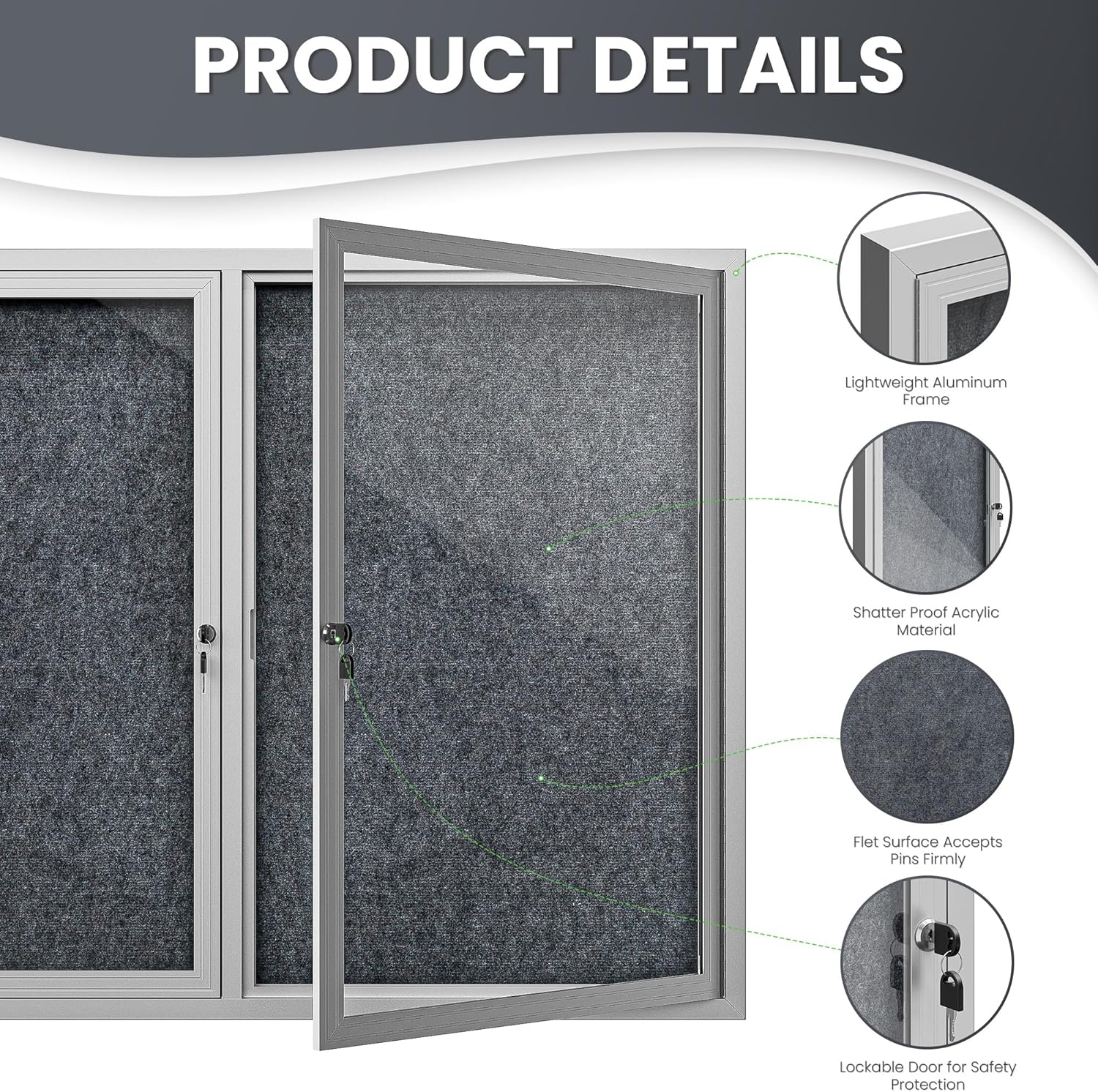 72"x36" Lockable Enclosed Bulletin Board, Outdoor Flet Weather-Resistant Aluminum Frame Notice Board, Wall Mounted Display Case Acrylic Doors for School,Office,Silver Frame w/Grey Flet