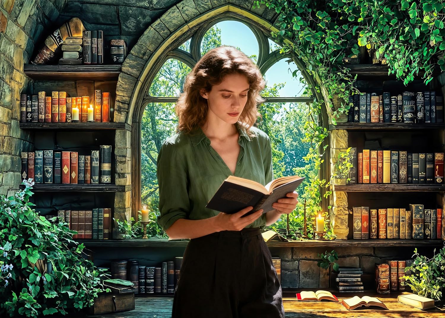 8X6ft Vintage Forest Bookshelf Backdrop Retro Green Forest Library Window Photography Background Photo Studio Props for The World Book Day Birthday Party Decor
