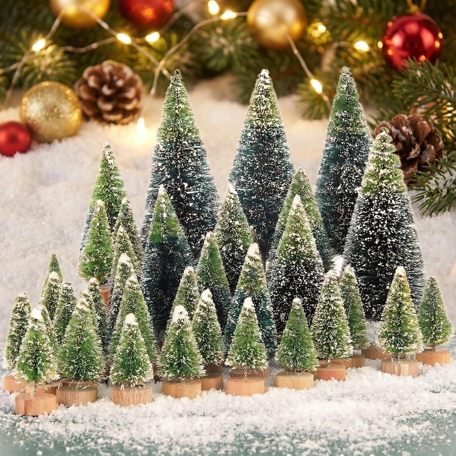 LOVEINUSA 40Pcs Mini Sisal Snow Frost Bottle Brush Trees in 5 Sizes for Christmas DIY Home Decoration and Tabletops