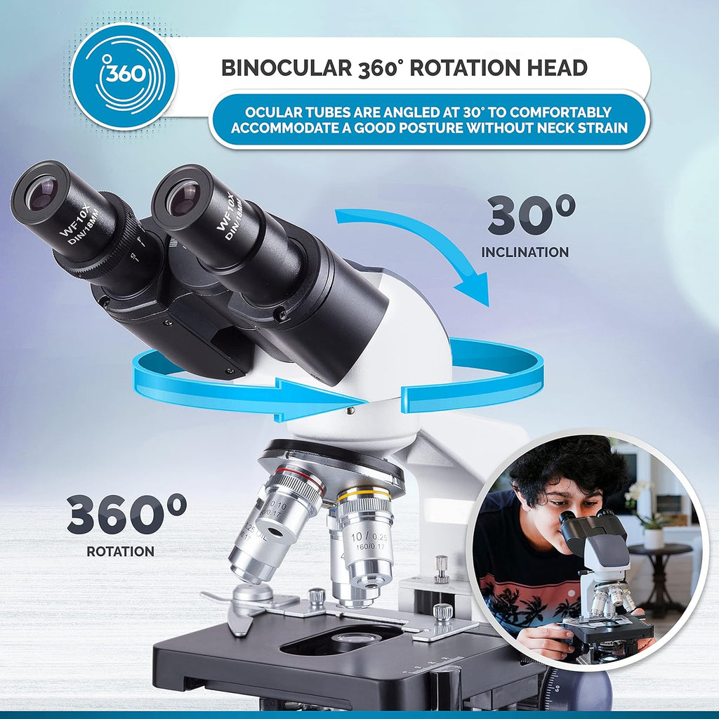 AmScope B120C Series Student & Professional LED Binocular Compound Microscope - 40X-2500X Magnification - Features Siedentopf Head & 3D Mechanical Stage