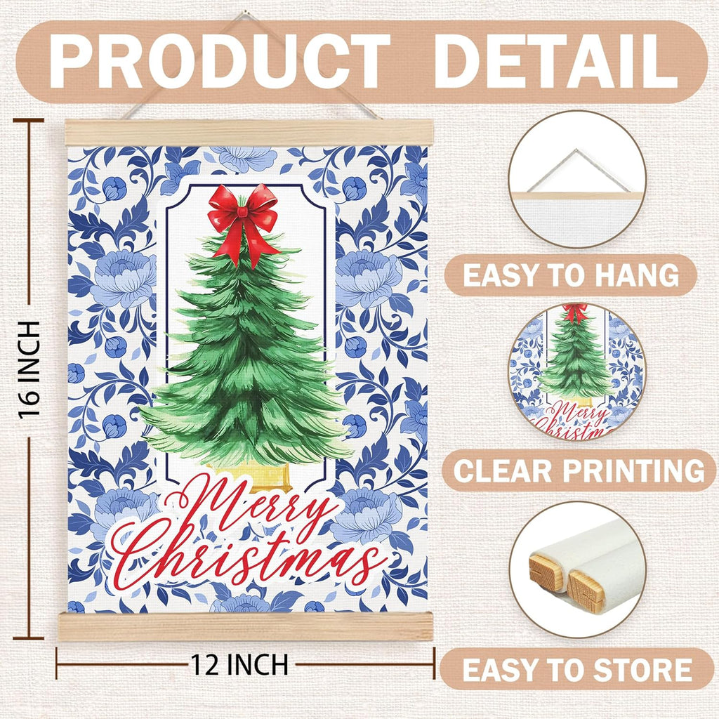 FDHSPAAM Blue and White Floal Chinoiserie Christmas Tree Wall Art Decor, Grandmillennial Christmas Decor, Preppy Red Bow Pine Tree Wall Art Posters for Home Bedroom Living Room, 12x16 Inch