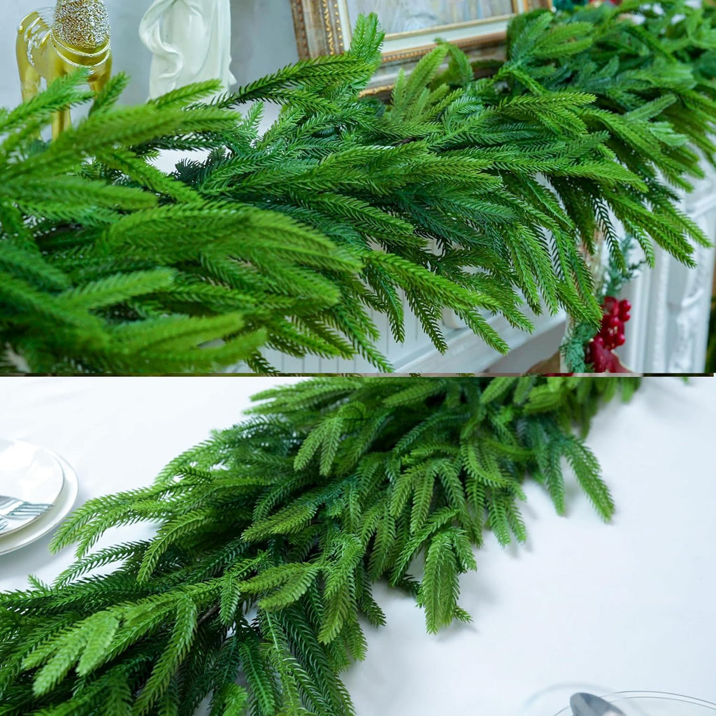 18FT Extra Full Christmas Garland Real Touch Norfolk Pine Garland Christmas Decorations Realistic Greenery Garlands for Stairs, Doorframe, Railing,Mantle, Table,Fireplace Indoor Outdoor Holiday Decor