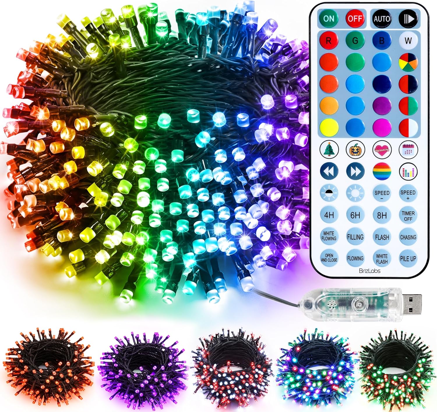 BrizLabs RGB Christmas Lights, 33FT 100 LED Color Changing String Lights with Remote, Dimmable Mini Xmas Light, USB Decorative Light String for Xmas Halloween Mardi Gras Tree Holidays Party Decor