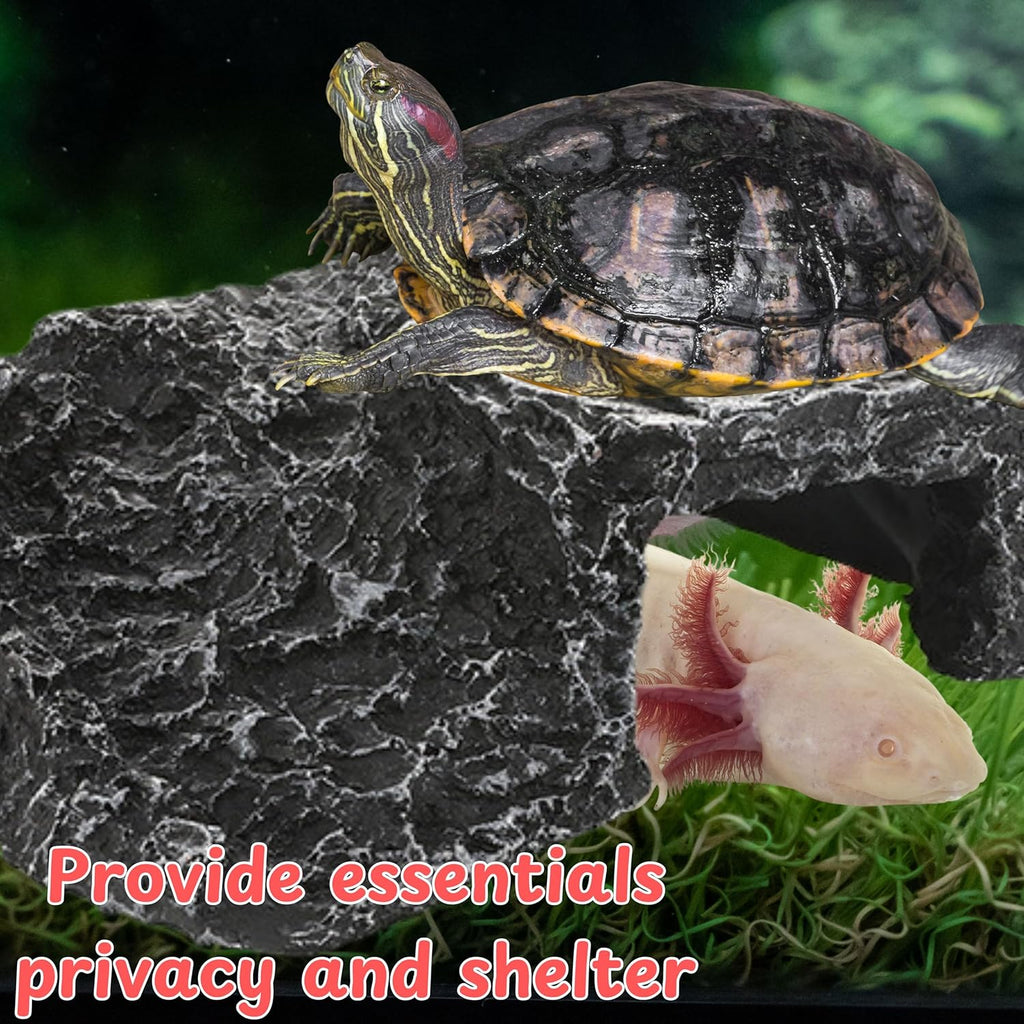 Axolotl Hide with Fish Feeding Dish Set, Axolotl Hideout for Aquariums, Bowl and Aquarium Hides for Axolotls Reptile Tortoise Fish, Hides for Tank, Turtle Tanks Decorations (Rock, M)