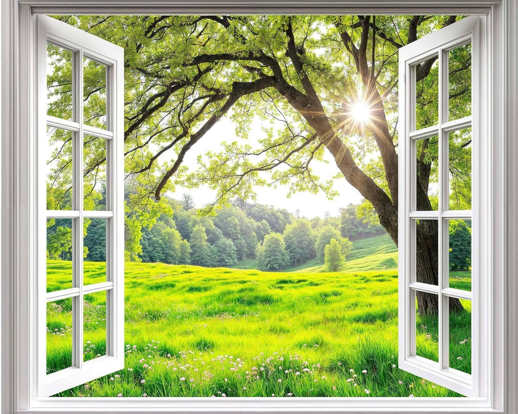 7 x 5 ft Spring Tree Window Backdrop Sunshine White Windowsill Floral Scenery Photography Background Forest Green Grass Natural Newborn Birthday Party Banner Decorations