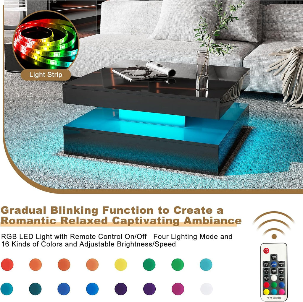 Black LED Coffee Table for Living Room, Living Room Table 2-Tier Square Middle Center Table, Modern Coffee Tables with Storage, Contemporary Wood Tea Tables for Dining Reception