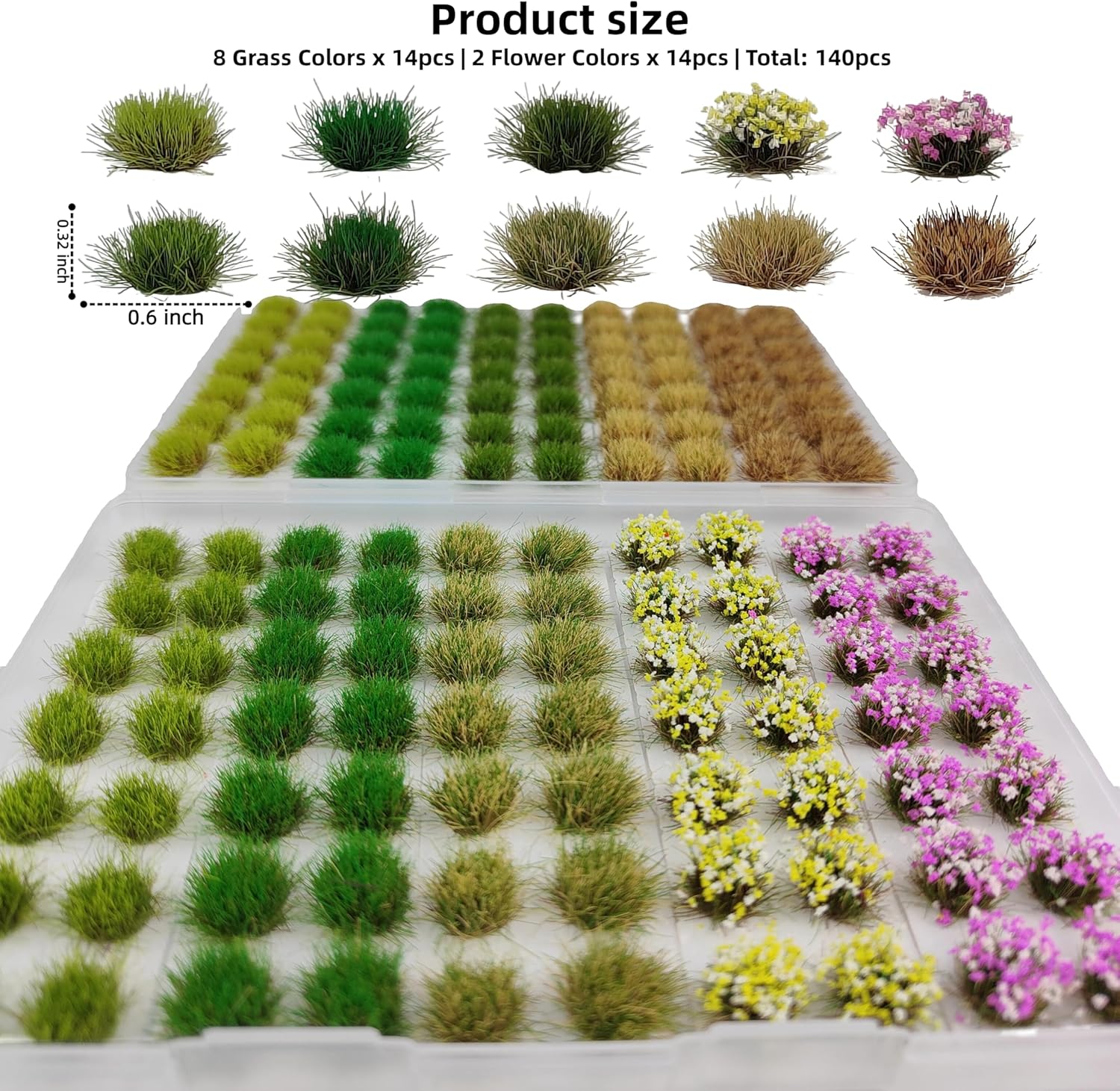 140 Pcs Static Grass Tufts & Miniature Flower Clusters - Artificial Grass Terrain Scenery Kit for Model Train Railway, Military Sand Table, DIY Diorama Landscape