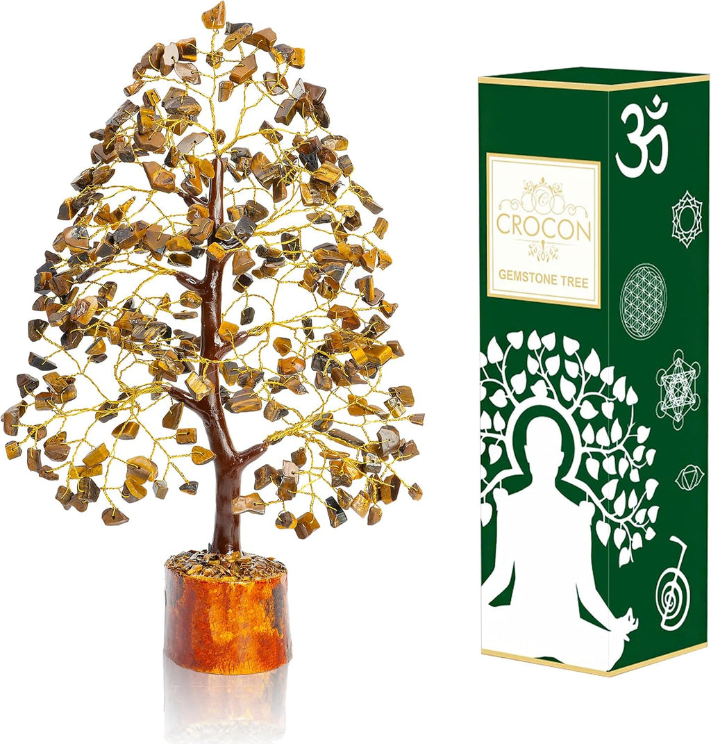 Crocon Tiger Eye Gemstone Tree of Life - Crystal for Feng Shui Decor - Chakra Money Bonsai Tree, Good Luck Healing Crystals Meditation Stones, Spiritual Unique Gift 10-12"""