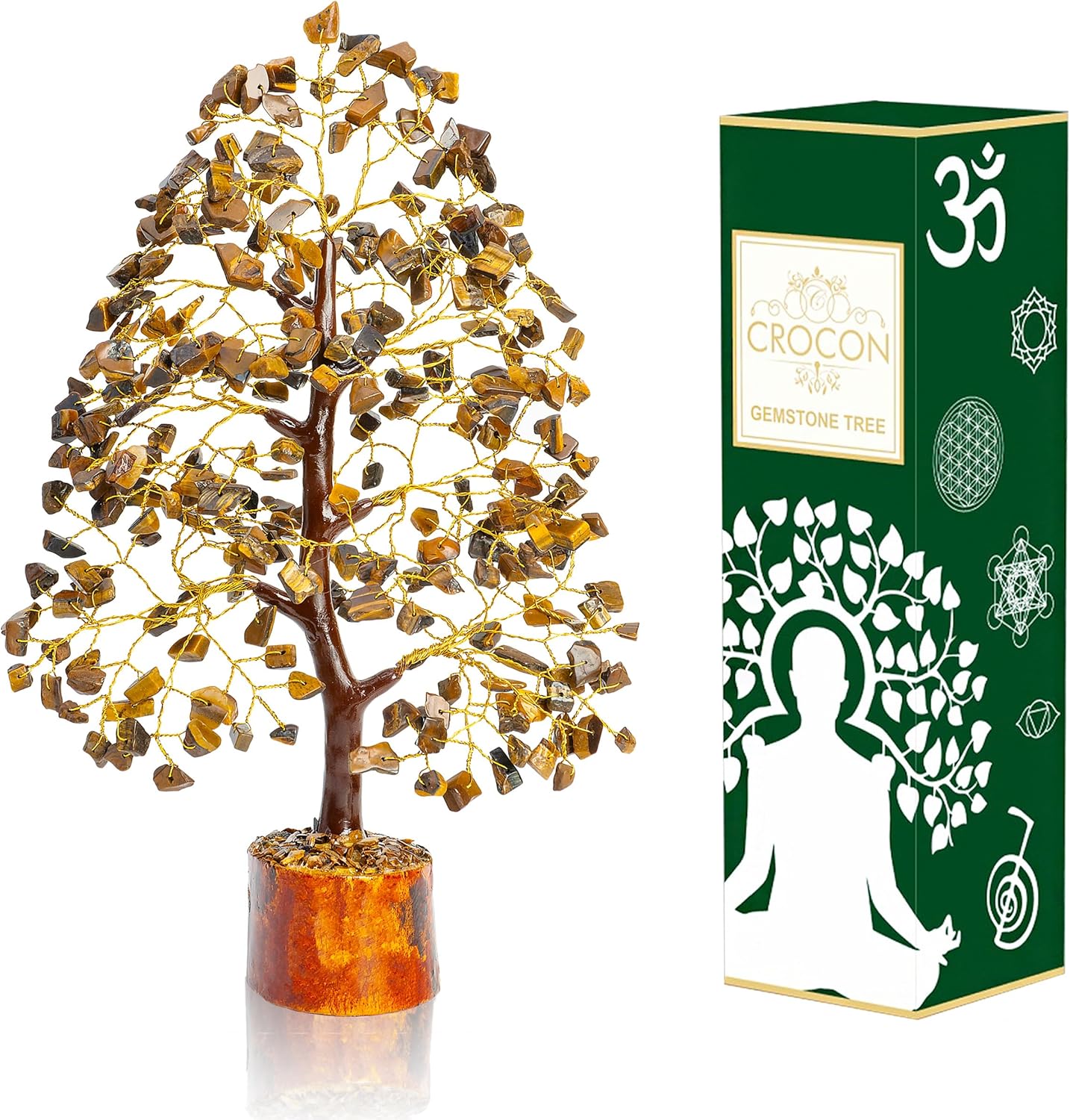 Crocon Tiger Eye Gemstone Tree of Life - Crystal for Feng Shui Decor - Chakra Money Bonsai Tree, Good Luck Healing Crystals Meditation Stones, Spiritual Unique Gift 10-12"""
